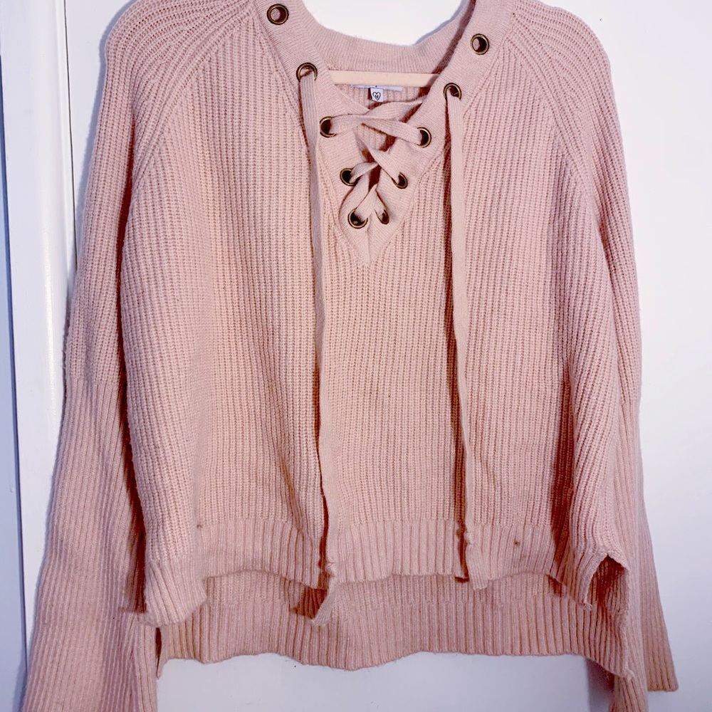 pink lace up sweater